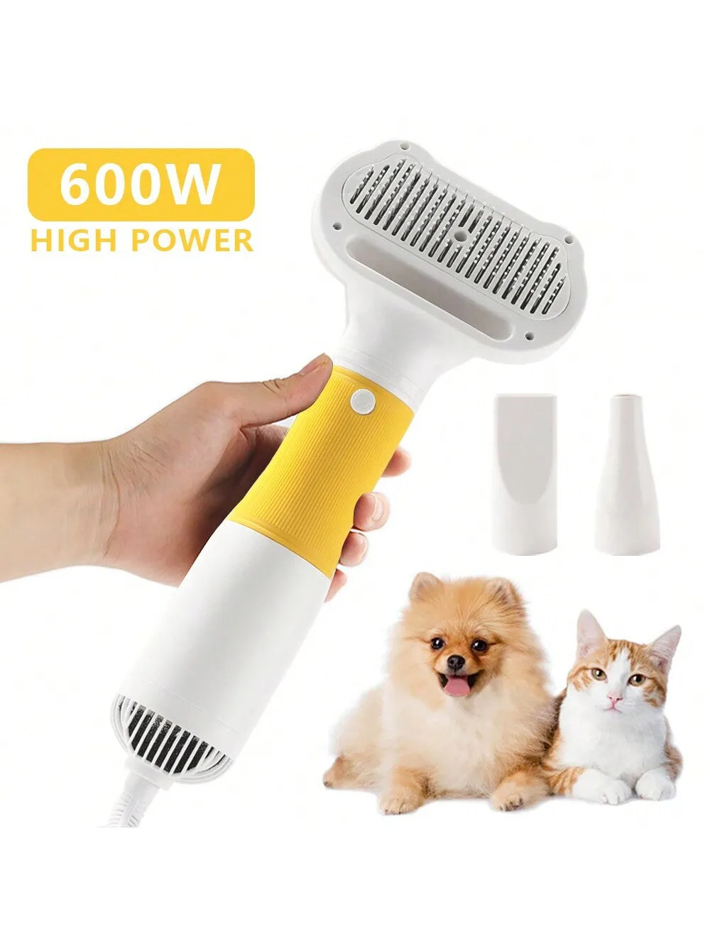 1pc Yellow Pet Hair Dryer, 3-in-1 Pet Hair Dryer, Comb And Hair Remover Tool, Adjustable Speed And Temperature, Suitable For Cat And Small Dog Grooming