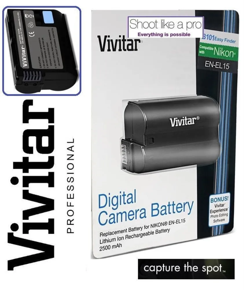 2 Vivitar EN-EL15 Replacement Batteries with Cleaning Cloth for Nikon Digital SLRs D7500 D7200 D7100 D800 D750