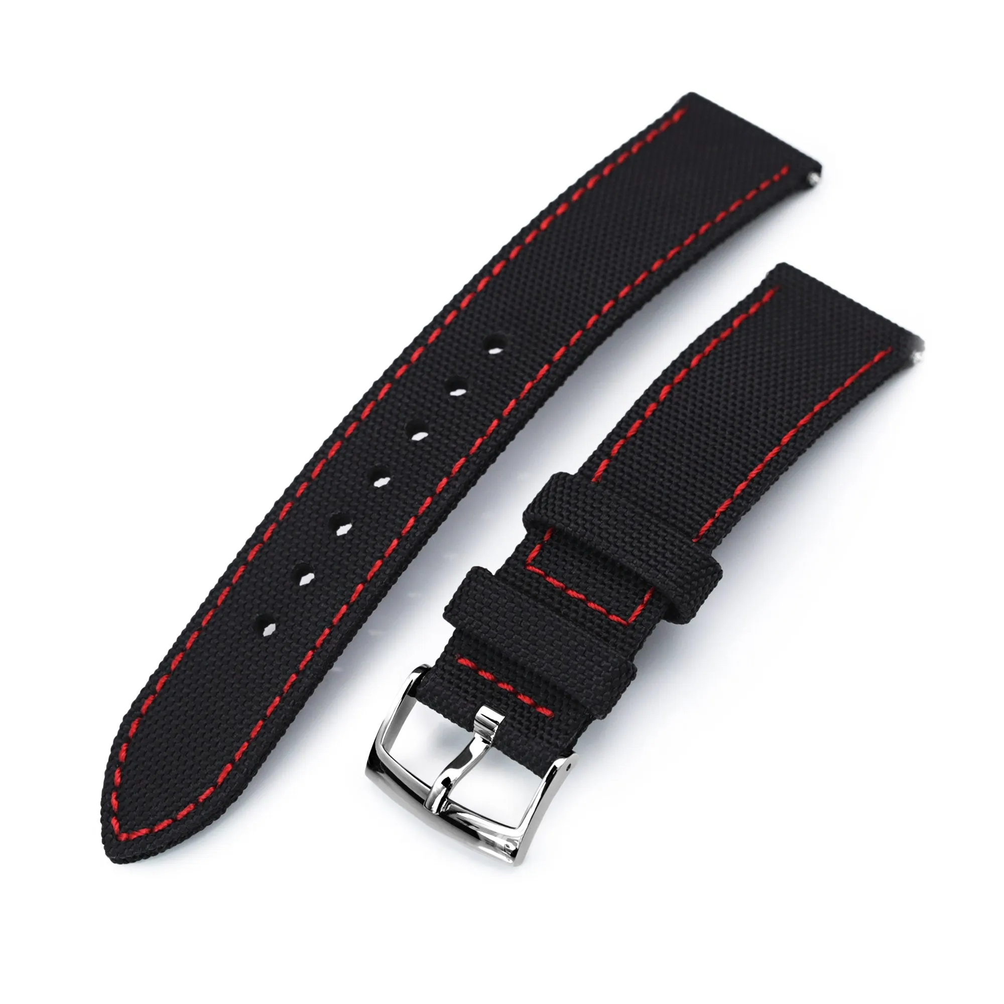 20mm Sailcloth Strap Black Quick Release Nylon Watch Band, Red Stitching