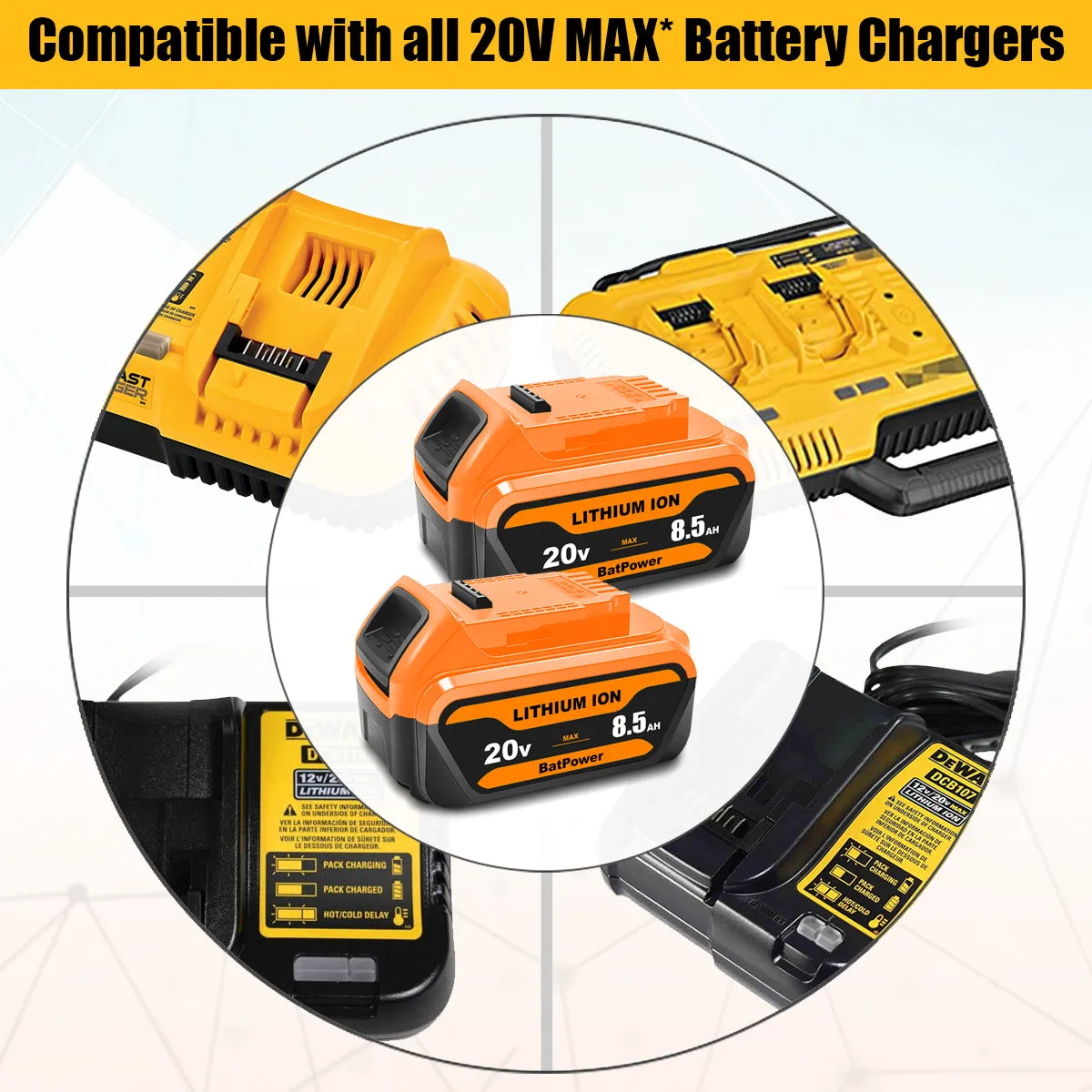 20V 8.5Ah DCB207 Battery Replacement for Dewalt 20V Battery 7.0Ah 6.0Ah 5.0Ah 4.0Ah DCB206 DCB207 DCB204 Lithium Battery Dewalt 20v Max XR Battery