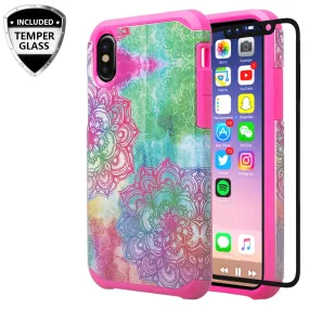 Apple iPhone XS Case, iPhone X Case,iPhone 10, [Include Temper Glass Screen Protector] Slim Hybrid Dual Layer Shock Resistant Case Cover - Teal Flower