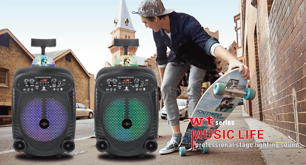 Bluetooth 8" Rechargeable Speaker With Disco Light on Top , Front Control Panel , Trolley and Wheels - Wattson