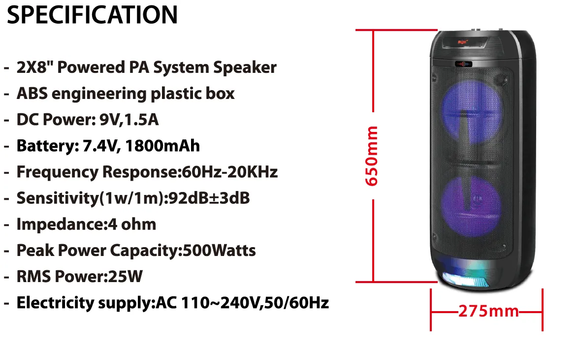 Bluetooth Double 8" Speaker With Led Display Screen, Mic Input & Rgb Light on the Woofer - Wattson