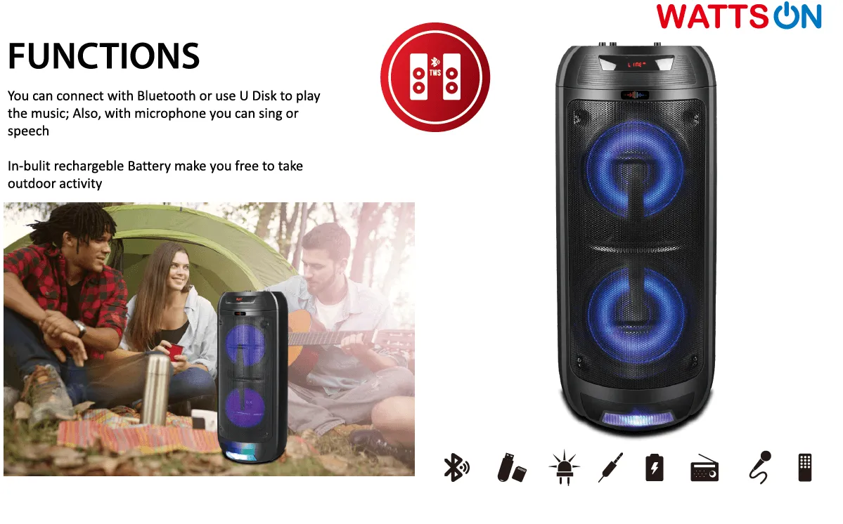 Bluetooth Double 8" Speaker With Led Display Screen, Mic Input & Rgb Light on the Woofer - Wattson