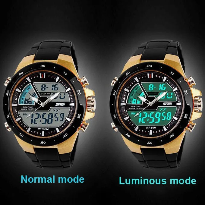 Casual Men Sports Watch 2 Time Zone Digital Quartz Watch Fashion Dress Wristwatches LED Dive Military Watches