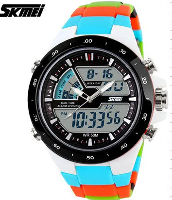 Casual Men Sports Watch 2 Time Zone Digital Quartz Watch Fashion Dress Wristwatches LED Dive Military Watches