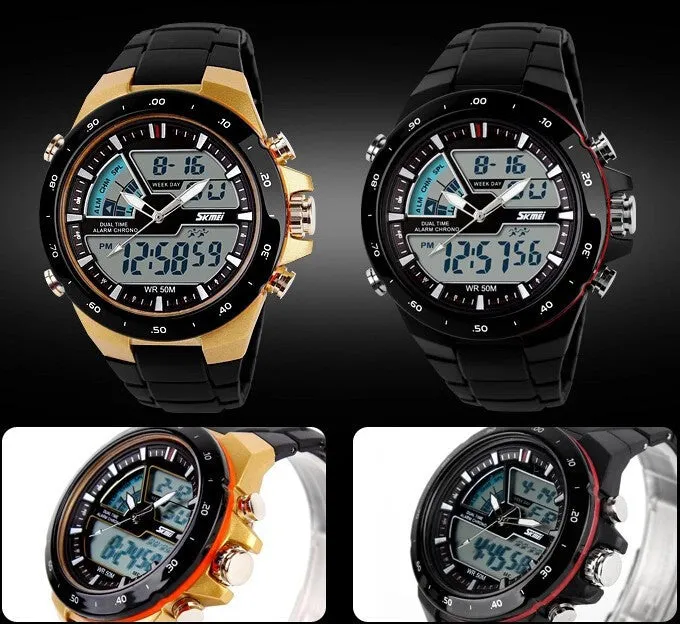 Casual Men Sports Watch 2 Time Zone Digital Quartz Watch Fashion Dress Wristwatches LED Dive Military Watches