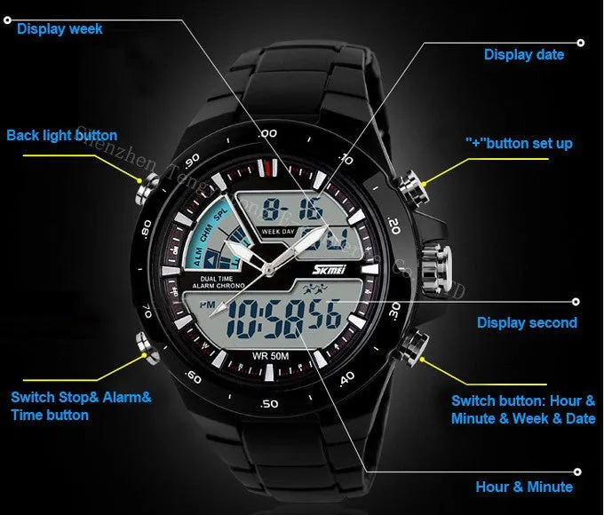 Casual Men Sports Watch 2 Time Zone Digital Quartz Watch Fashion Dress Wristwatches LED Dive Military Watches