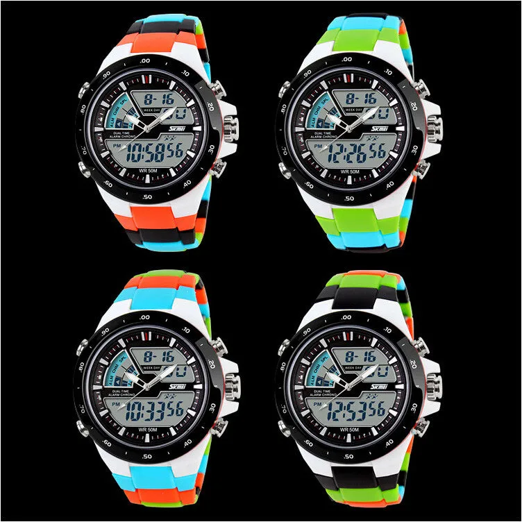 Casual Men Sports Watch 2 Time Zone Digital Quartz Watch Fashion Dress Wristwatches LED Dive Military Watches