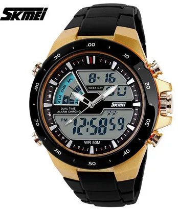 Casual Men Sports Watch 2 Time Zone Digital Quartz Watch Fashion Dress Wristwatches LED Dive Military Watches