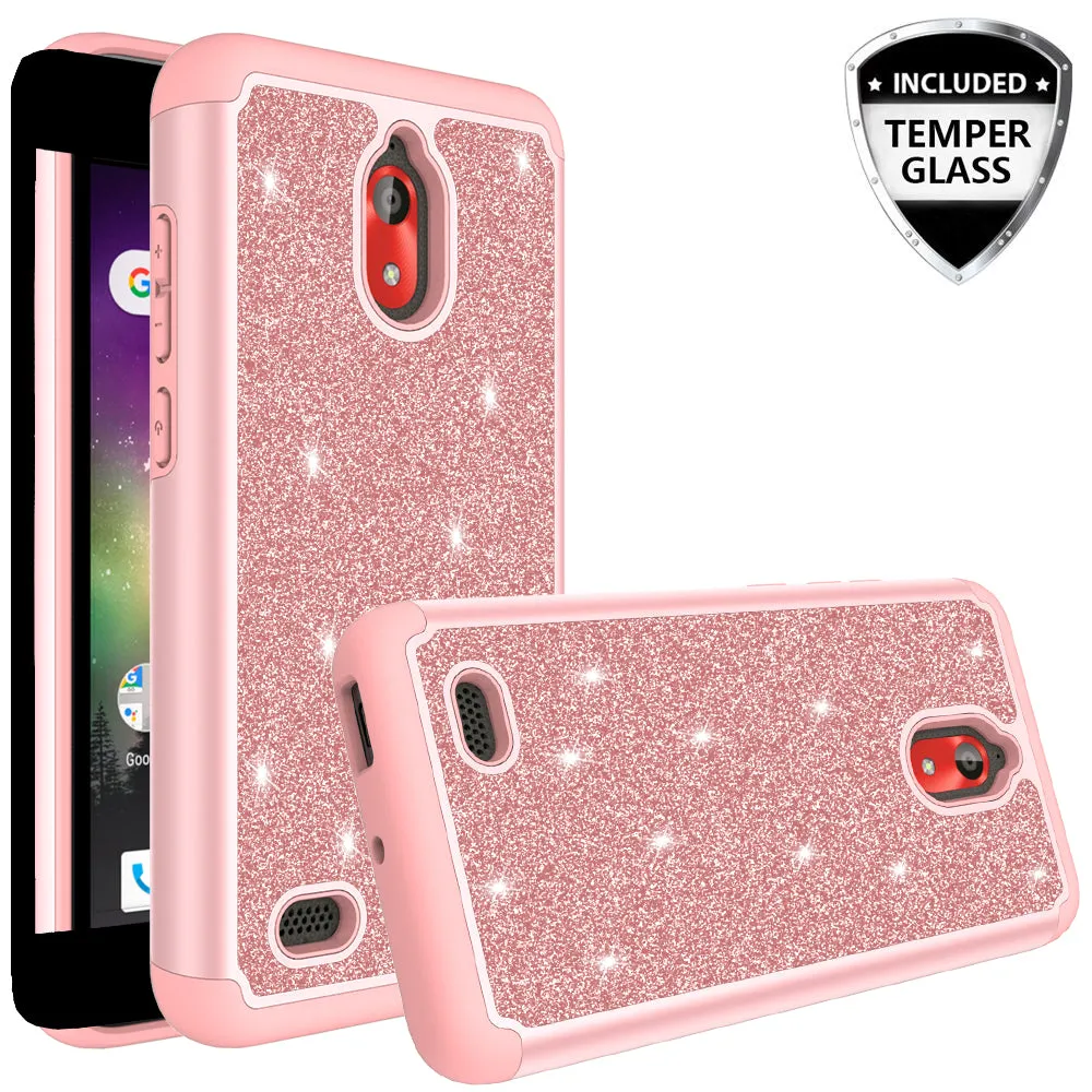 Coolpad Illumina Case,Legacy Go Case, Glitter Bling Heavy Duty Shock Proof Hybrid Case with [HD Screen Protector] Dual Layer Protective Phone Case Cover for Coolpad Illumina/Legacy Go W/Temper Glass - Rose Gold