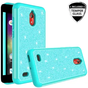 Coolpad Illumina Case,Legacy Go Case, Glitter Bling Heavy Duty Shock Proof Hybrid Case with [HD Screen Protector] Dual Layer Protective Phone Case Cover for Coolpad Illumina/Legacy Go W/Temper Glass - Teal