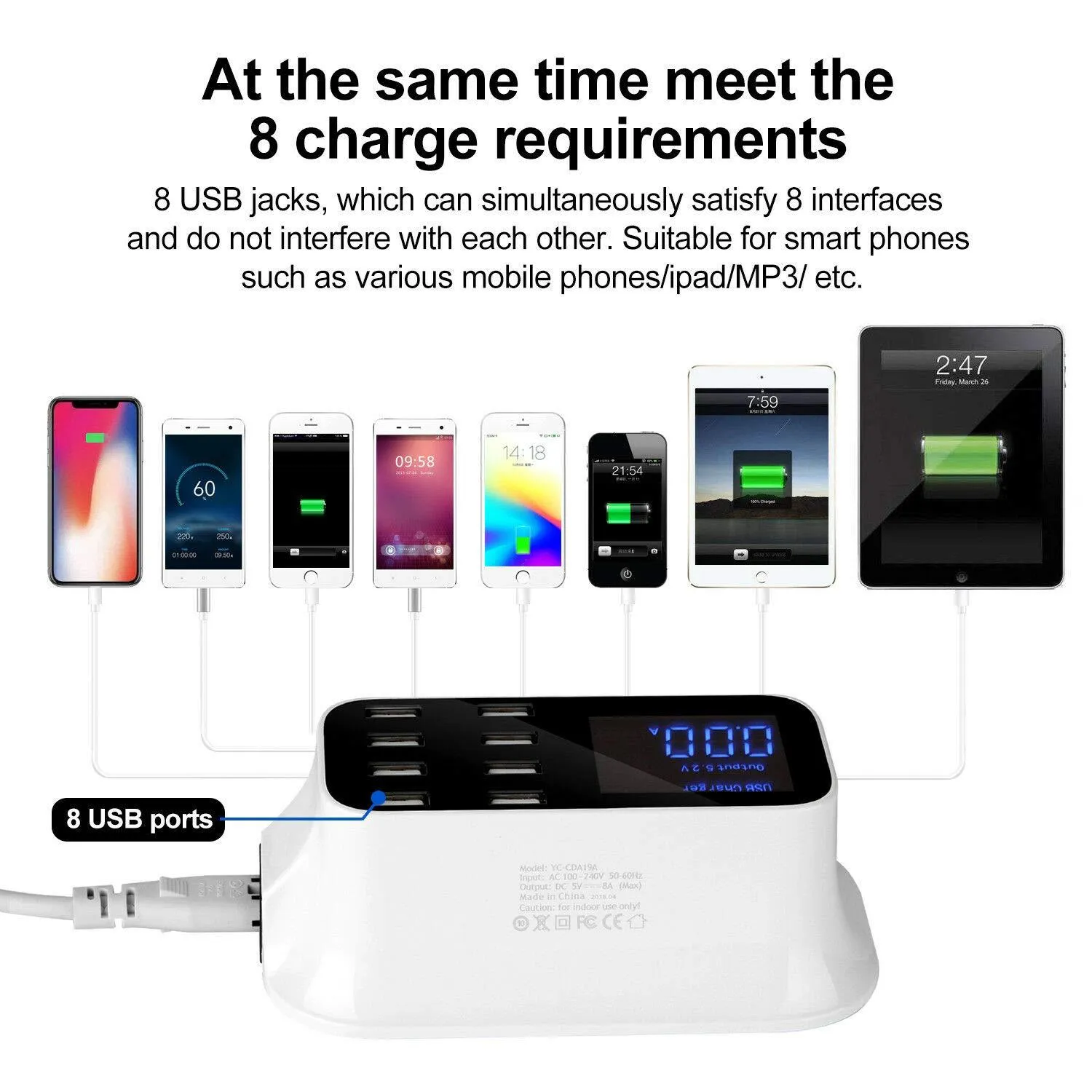 CRONY YC-CDA19 8-Port USB Charger Adapter Desktop Wall Charger Smart LED Display