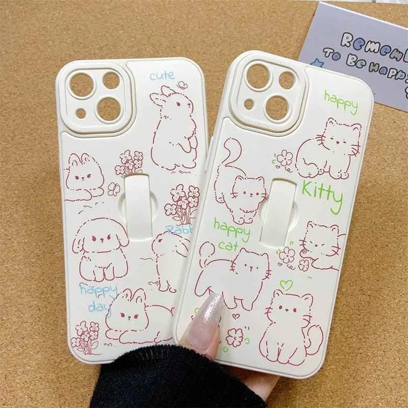 Cute Phone Case for iPhone 15 Pro Max, 14, 13, 11, and 12 – Cartoon Cat & Rabbit Design with Invisible Ring Kickstand – TSP219