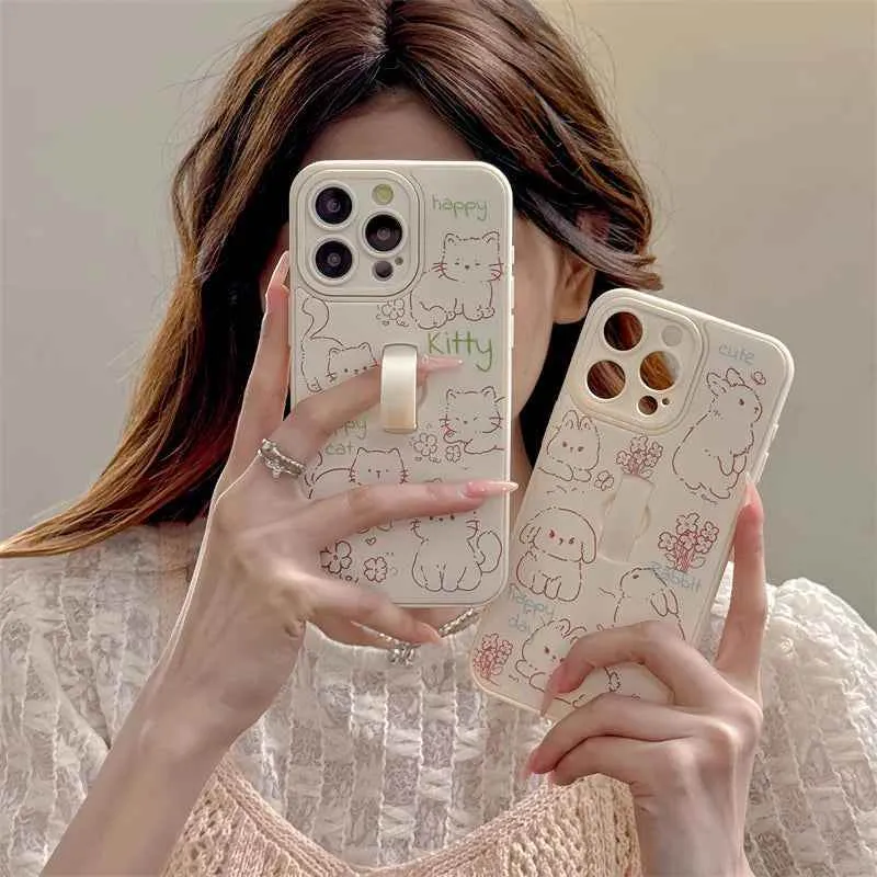 Cute Phone Case for iPhone 15 Pro Max, 14, 13, 11, and 12 – Cartoon Cat & Rabbit Design with Invisible Ring Kickstand – TSP219