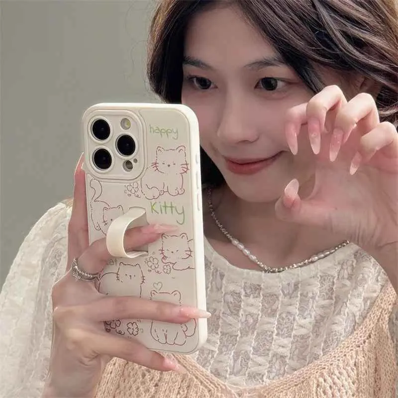 Cute Phone Case for iPhone 15 Pro Max, 14, 13, 11, and 12 – Cartoon Cat & Rabbit Design with Invisible Ring Kickstand – TSP219