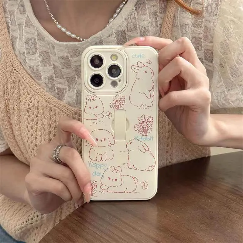 Cute Phone Case for iPhone 15 Pro Max, 14, 13, 11, and 12 – Cartoon Cat & Rabbit Design with Invisible Ring Kickstand – TSP219