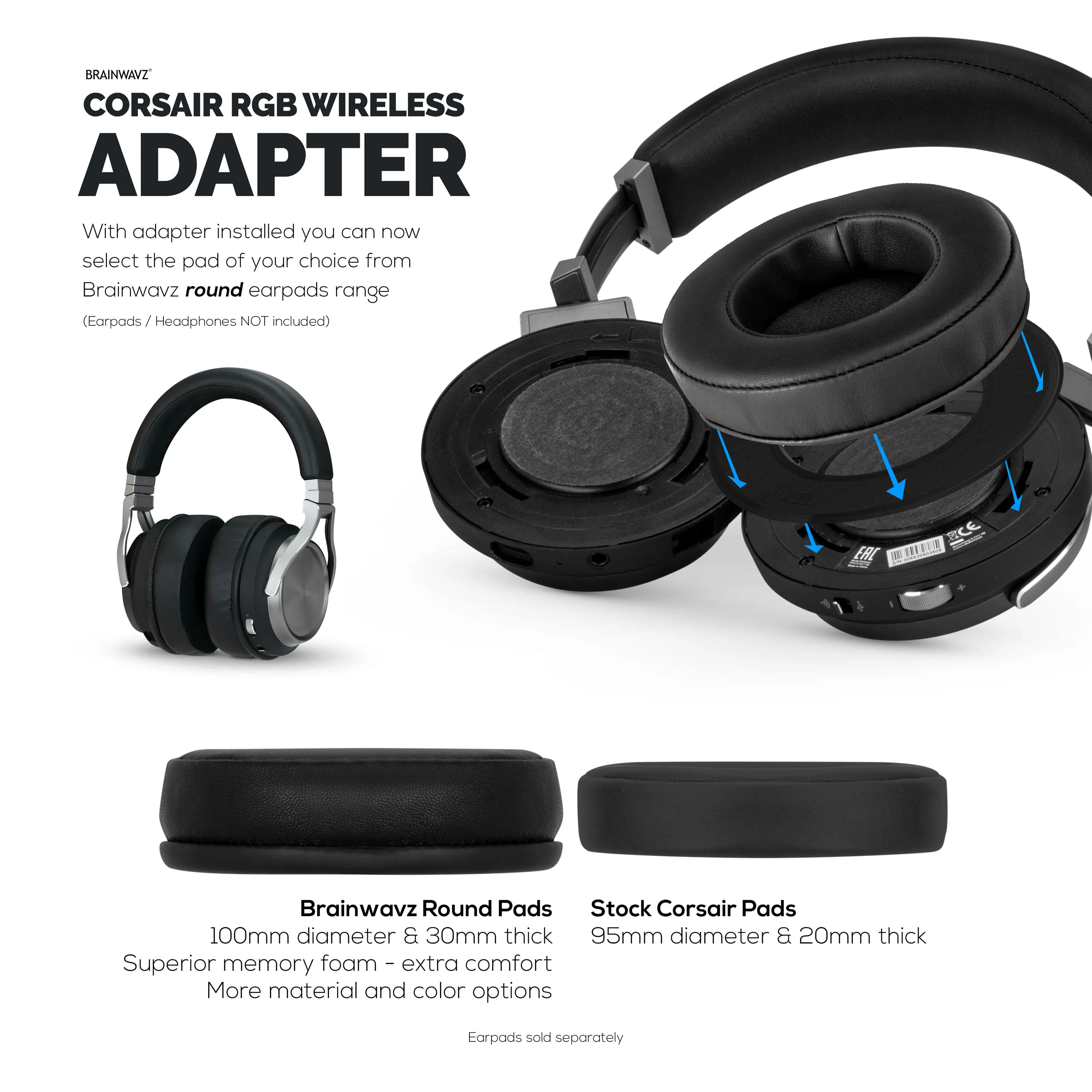 Earpad Adapter Ring For Corsair Virtuoso RGB Wireless Gaming Headset - For Use With Brainwavz Replacement Round 100mm Ear Pads