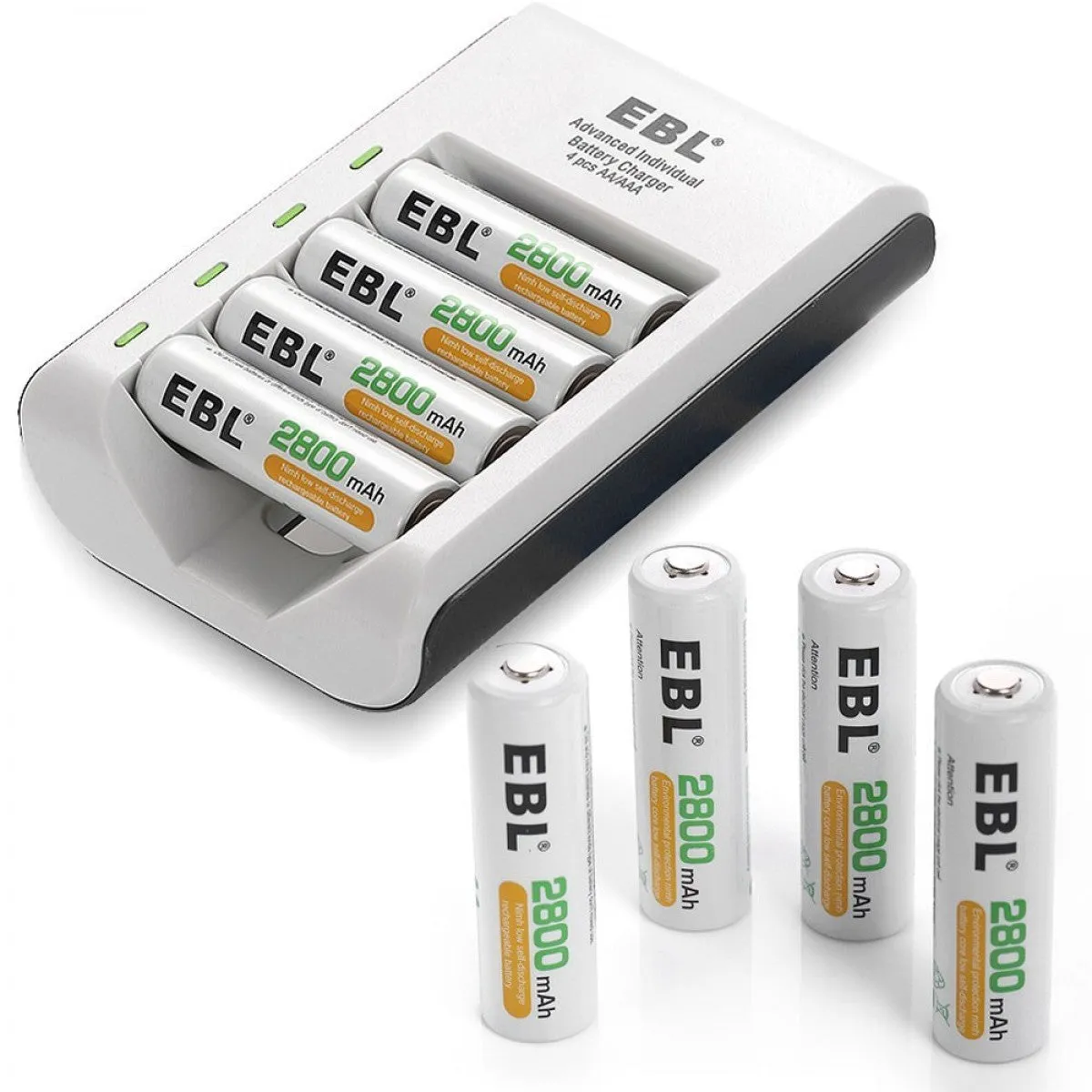 EBL 807 4-Bay AA and AAA Battery Charger with Built-In LED Charge Status Indicator Lights and 4pcs 1.2V AA 2800mAh Rechargeable NiMH Batteries for Portable and Emergency Electronics