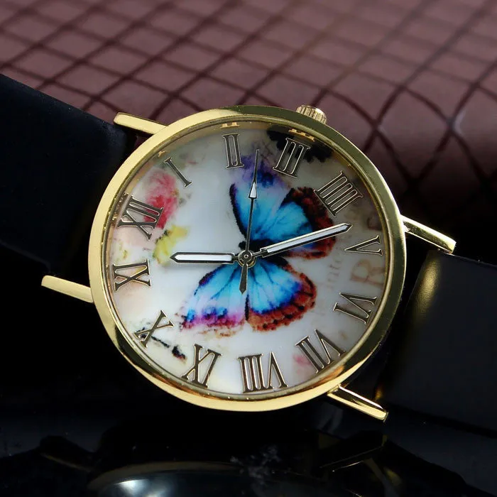 Fashion Butterfly Leather Band Clock Analog Quartz Watch Wrist Watch Women Watches