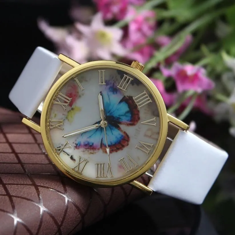 Fashion Butterfly Leather Band Clock Analog Quartz Watch Wrist Watch Women Watches