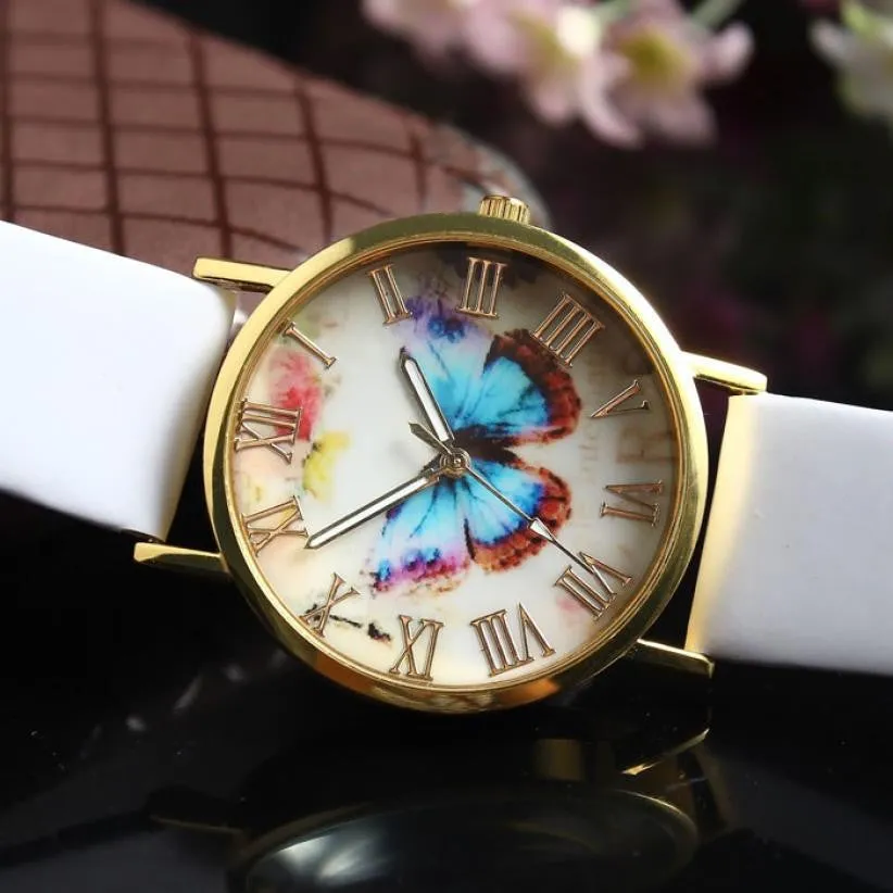 Fashion Butterfly Leather Band Clock Analog Quartz Watch Wrist Watch Women Watches