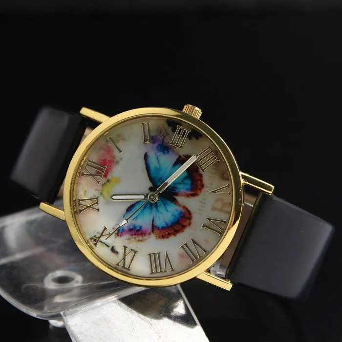 Fashion Butterfly Leather Band Clock Analog Quartz Watch Wrist Watch Women Watches