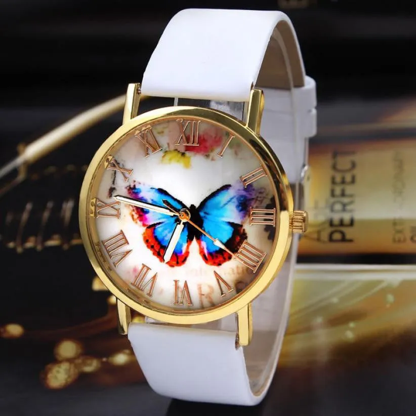 Fashion Butterfly Leather Band Clock Analog Quartz Watch Wrist Watch Women Watches