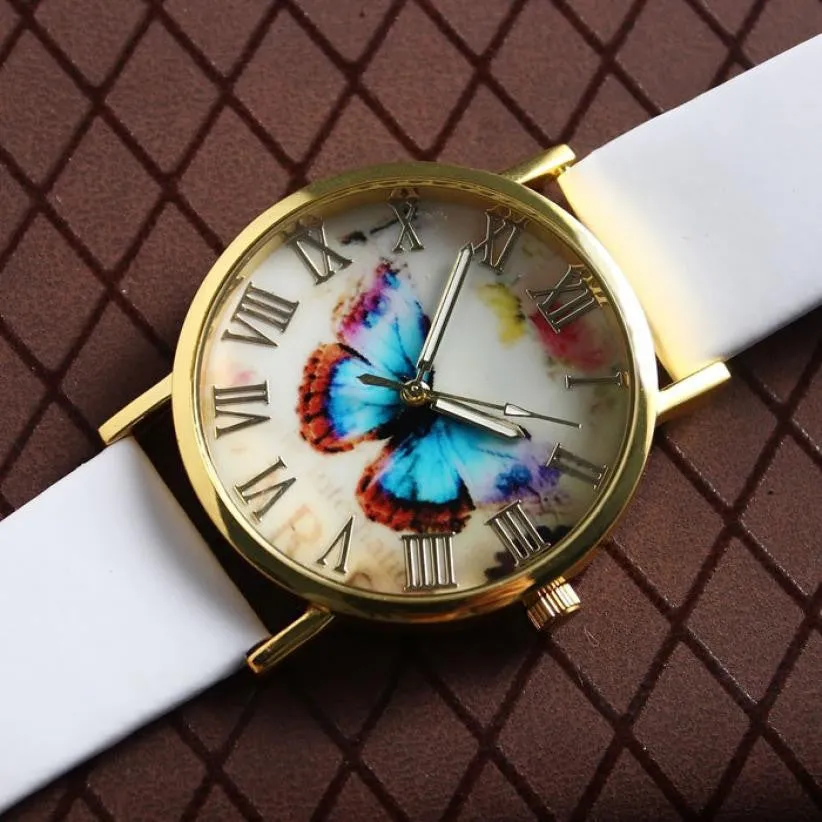 Fashion Butterfly Leather Band Clock Analog Quartz Watch Wrist Watch Women Watches