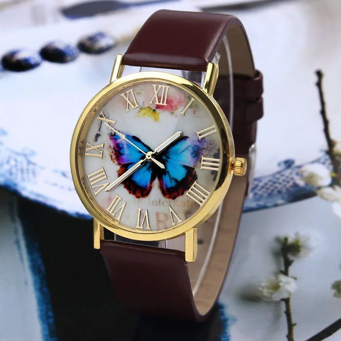 Fashion Butterfly Leather Band Clock Analog Quartz Watch Wrist Watch Women Watches