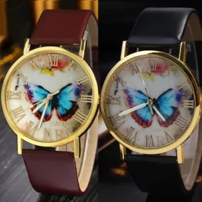 Fashion Butterfly Leather Band Clock Analog Quartz Watch Wrist Watch Women Watches