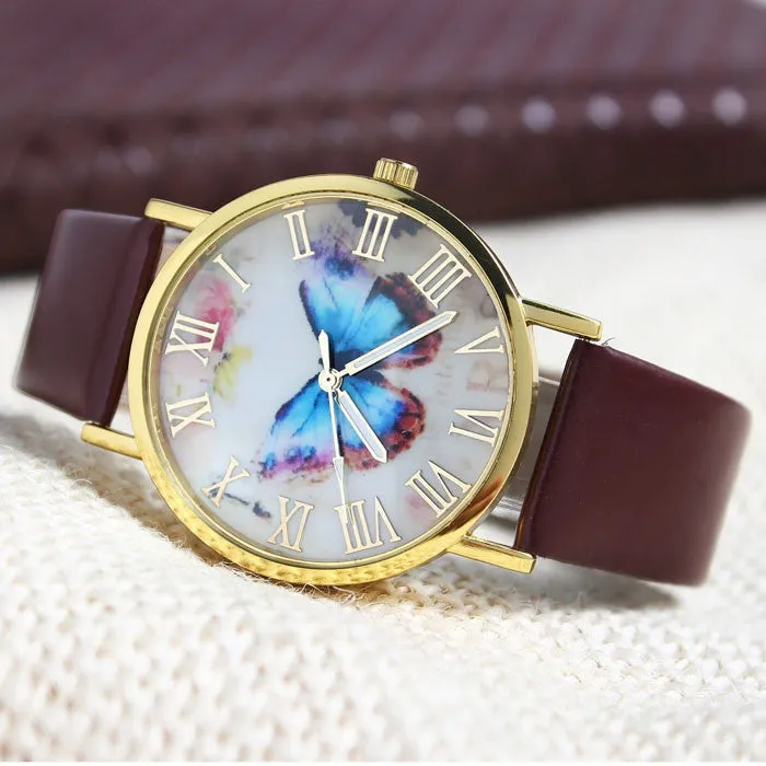 Fashion Butterfly Leather Band Clock Analog Quartz Watch Wrist Watch Women Watches