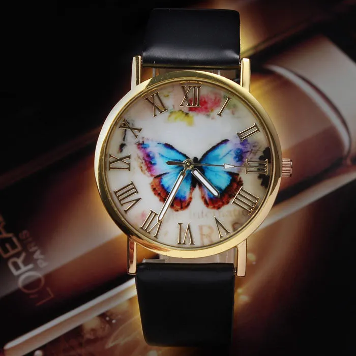 Fashion Butterfly Leather Band Clock Analog Quartz Watch Wrist Watch Women Watches