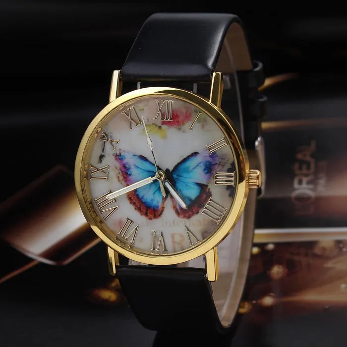 Fashion Butterfly Leather Band Clock Analog Quartz Watch Wrist Watch Women Watches