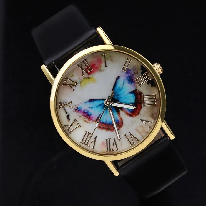 Fashion Butterfly Leather Band Clock Analog Quartz Watch Wrist Watch Women Watches