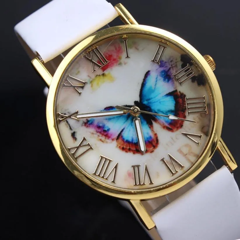 Fashion Butterfly Leather Band Clock Analog Quartz Watch Wrist Watch Women Watches