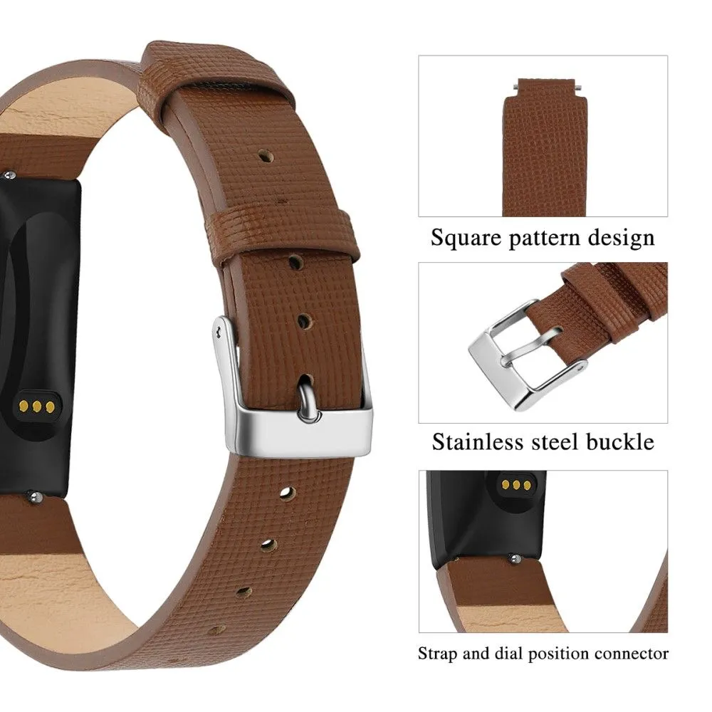 Fitbit Inspire / Inspire HR square pattern genuine leather watch strap - Brown / Size: S