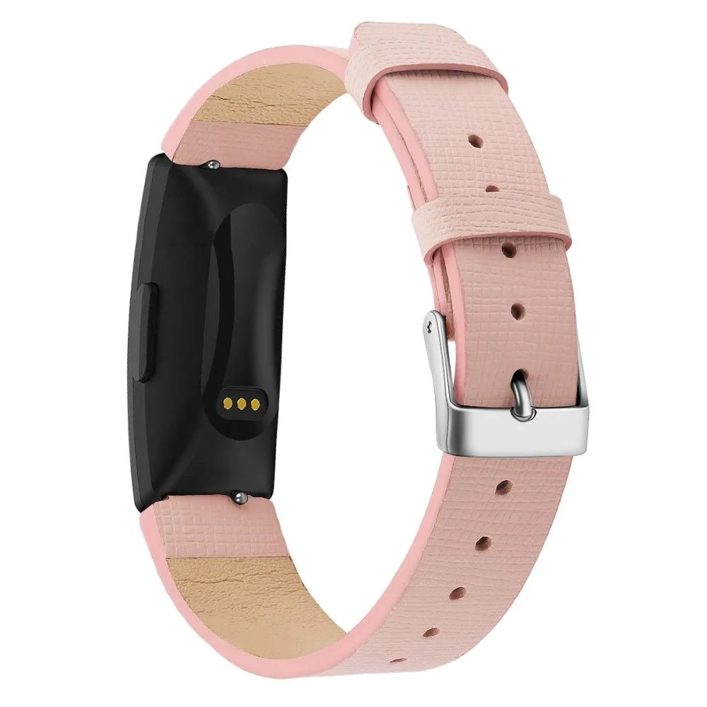 Fitbit Inspire / Inspire HR square pattern genuine leather watch strap - Pink / Size: L