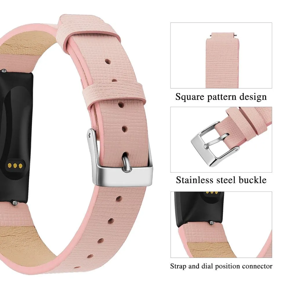 Fitbit Inspire / Inspire HR square pattern genuine leather watch strap - Pink / Size: L