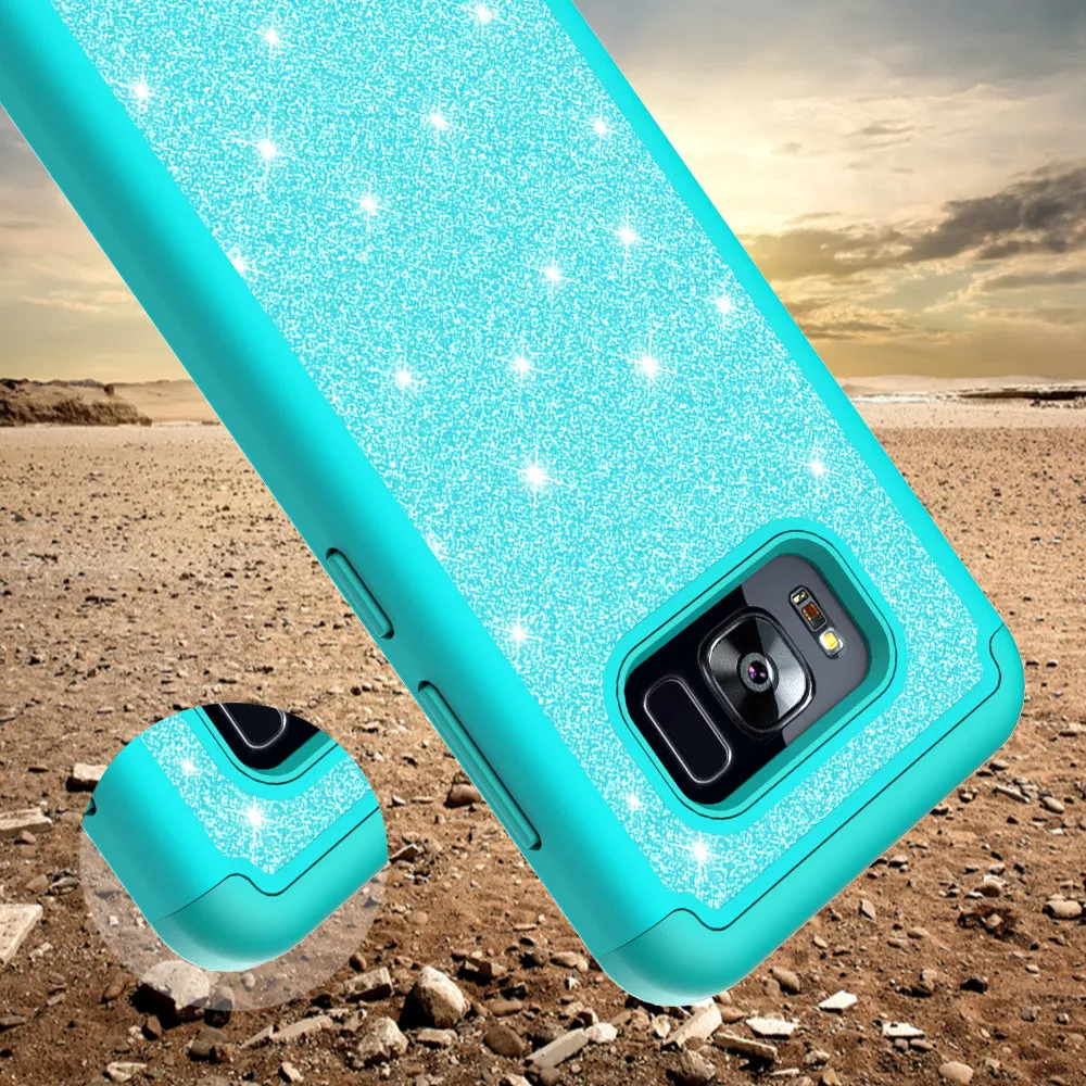 Galaxy S8 Case, Samsung Galaxy S8 Case, Glitter Bling Heavy Duty Shock Proof Hybrid Case with [HD Screen Protector] Dual Layer Protective Phone Case Cover for Samsung Galaxy S8 W/Temper Glass - Teal