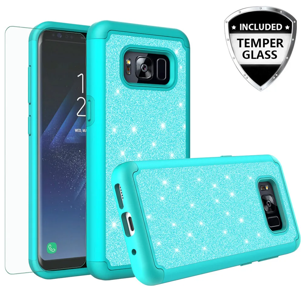 Galaxy S8 Case, Samsung Galaxy S8 Case, Glitter Bling Heavy Duty Shock Proof Hybrid Case with [HD Screen Protector] Dual Layer Protective Phone Case Cover for Samsung Galaxy S8 W/Temper Glass - Teal