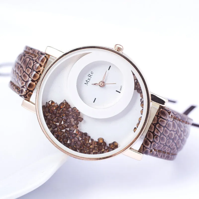 High quality New Fashion Trendy Casual Watch Moving Beads Crystal Quartz Women Dress Watch PU Leather ladies Wristwatch