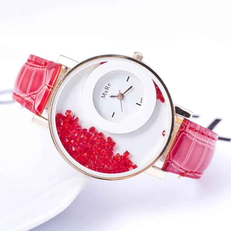 High quality New Fashion Trendy Casual Watch Moving Beads Crystal Quartz Women Dress Watch PU Leather ladies Wristwatch