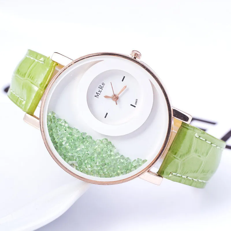 High quality New Fashion Trendy Casual Watch Moving Beads Crystal Quartz Women Dress Watch PU Leather ladies Wristwatch