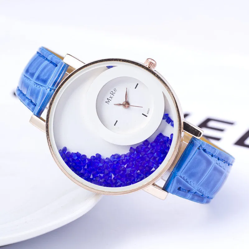 High quality New Fashion Trendy Casual Watch Moving Beads Crystal Quartz Women Dress Watch PU Leather ladies Wristwatch