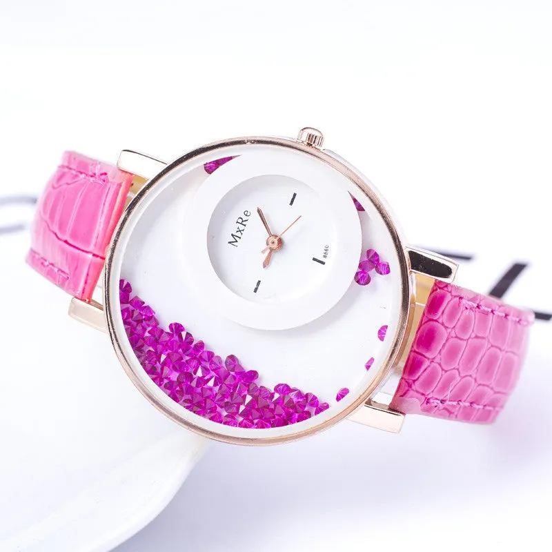 High quality New Fashion Trendy Casual Watch Moving Beads Crystal Quartz Women Dress Watch PU Leather ladies Wristwatch