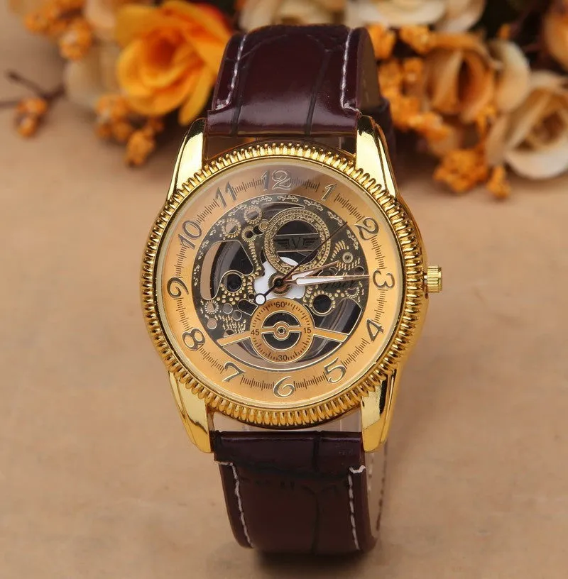 Hot Sale Classic Retro Gold Silver Skeleton Watch Leather Band Big Dial Men Women Girl Boy Luxury Wristwatch