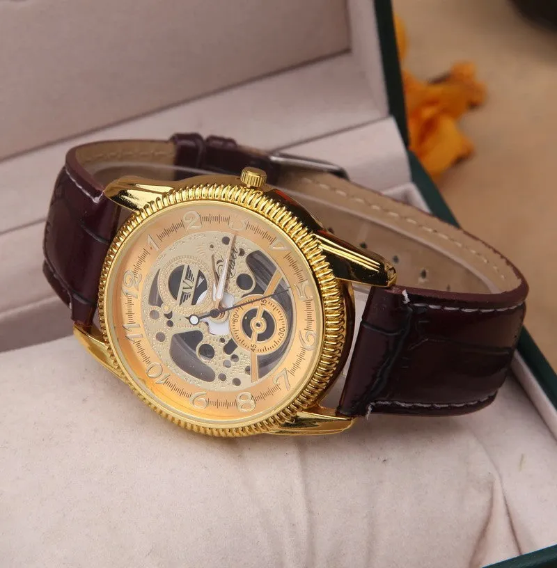 Hot Sale Classic Retro Gold Silver Skeleton Watch Leather Band Big Dial Men Women Girl Boy Luxury Wristwatch