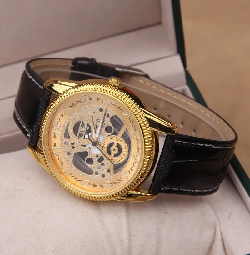 Hot Sale Classic Retro Gold Silver Skeleton Watch Leather Band Big Dial Men Women Girl Boy Luxury Wristwatch