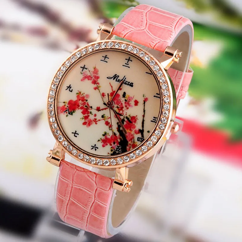 Hot Sale Fashion Lady flower Watches Women Dress Watch Vintage PU Leather Strap Watches